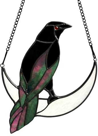 Lcensp Stained Glass Crow on Moon Decor Window Hangings Ornament, Gothic Raven Suncatcher Halloween Decorations, Handmade Crow Birds Gifts Sun Catchers Indoor Window Home Decor.