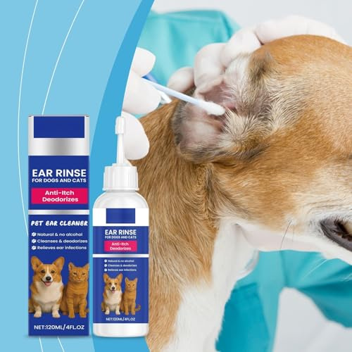 Ohrenreiniger Hund, 120ml Ohrentropfen stoppen Ohren Entzündungen und Juckreiz, Haustier Ohrreiniger für Hunde und Katzen, Hundeohrreinigungslösung, Hundeohrschmalz, Schmutz, Geruchsentferner (Blue)