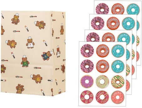 Papiertüten, 40 Stück Bunte Geschenktüten mit 48 Aufkleber, DIY Süßigkeiten Beutel, Geschenktüten Klein, Mitgebsel Tüten, Tüten zum Befüllen für Hochzeit Candy bar Geburtstag （Chefkoch Bär）