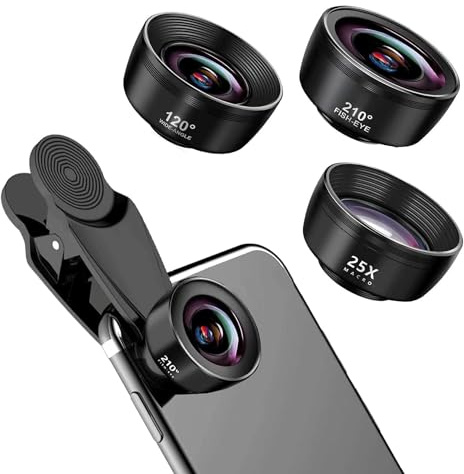 Obiettivo Smartphone, Kit di Obiettivi 3 in 1 per Cellulare, 120° Obiettivo grandangolare 25X Lente Macro, 210° Obiettivo Fisheye, 3 in 1 Kit di Clip per Lenti per Telefono Cellulare
