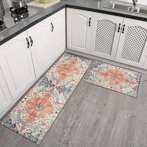 Lot de 2 tapis de cuisine rembourrés antidérapants avec tissu polyester imperméable conçu pour absorber les déversements et fournir un confort debout devant l'évier ou la cuisinière (fleurs et
