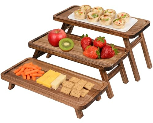 3 Tier Acacia Wood Serving Tray, Foldable Dessert Tiered Platters, Easy Storage Wooden Tiered Tray Stand for Party Birthday Wedding