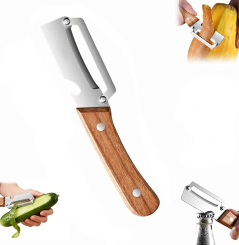 Multi-Functional Vegetable Peeler for Kitchen, 2 in 1 Stainless Steel Fruit and Vegetable Peeler with Wooden Handle and Bottle Opener, Portable Kitchen Peelers for Fruit, Apple, Potato, Pumpkin,Papaya