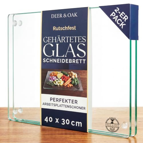 Deer & Oak XL Glass Chopping Boards 40x30cm (2 Pack), Tempered | Thick Clear Heat-resistant Worktop Savers · Non-slip Feet