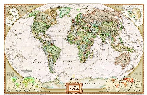 National Geographic Weltkarte auf Kork-Pinnwand in Englisch, 90x60cm: Mit Holzberahmung und 12 farbige Pinn Fahnen. 2 Ösen zur Befestigung