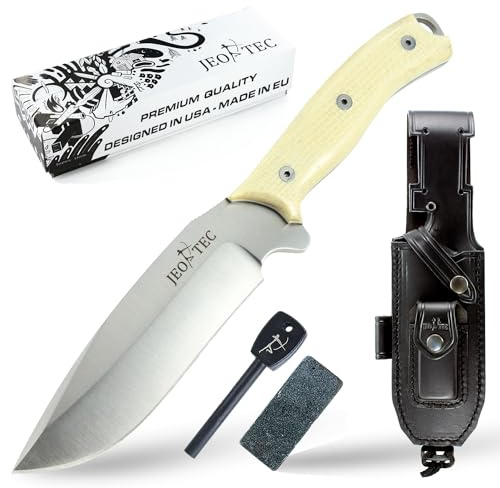 JEO-TEC Nº9 Full Tang Outdoor Camping Gürtelmesser Jagdmesser Überlebensmesser Survival Bushcraft Messer - Stahl MOVA - Lederscheide Feuerstahl Messerschärfer