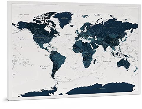 Trip map - Weltkarte Wand - Leinwand Weltkarte Pinnwand mit Pins - Kork Zum Markieren - Kunstdruck auf Echtholz Keilrahmen - 3 Größen zur Auswahl - Meerblau