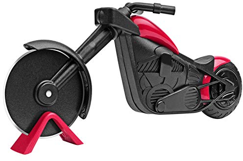 KUONIIY Motorrad Pizzaschneider, Edelstahl Kunststoff Pizzaroller, Pizzarad als schöne Dekor (21,5 * 8,5 cm, schwarz & rot)