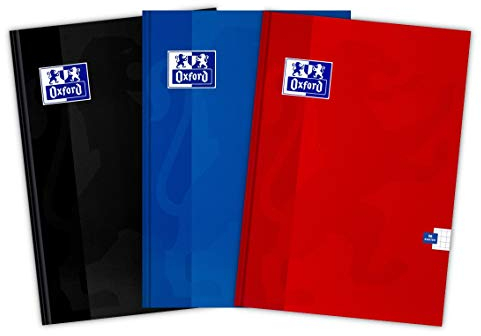 OXFORD Schulheft A5 Kladde 96 karierte Blätter mit Seitenrand, Optik Paper 90 g, fester laminierter Umschlag, Notizheft Set für Büro & Schule, 3 Stück-Packung, Farbenmix blau, schwarz, rot