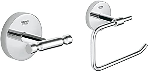 Grohe Bau Cosmopolitan - Bademantelhaken, chrom, 40461001 & Bau Cosmopolitan - WC-Papierhalter (Material: Metall, verdeckte Befestigung, zum bohren oder kleben), chrom, 40457001, Small