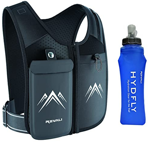 REVALI Running Vest, USA Original Patent, Zip Reflective Running Vests with 500ml Hydration Bottle, Adjustable Waistband & Breathable Material, Chest Pack Gear Phone Holder for Men & Women