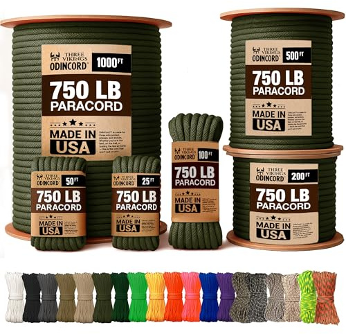Three Vikings Paracord Rope - Made in USA - 750lb - 100% Nylon - Type IV - 11 Strand Core - Stronger Then Paracord 550 Cord - Olive Drab - 50 Ft.