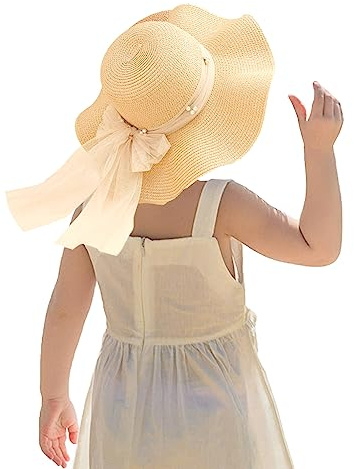 Cappello di Paglia Estivo per Bambina Cappello Pieghevole a Tesa Larga Cappello con Visiera Parasole Protezione Solare Cappelli di Paglia da Spiaggia Cappellino floscio con Fiocco