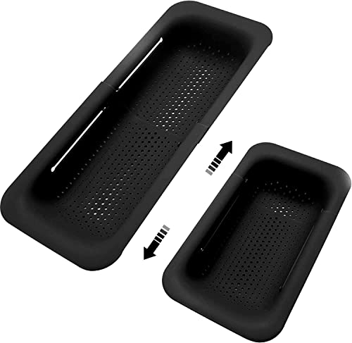 Collapsible Sink Colanders and Strainers Basket Extendable Plastic Fruit Vegetable Strainer Drainer Basket for Kitchen (Length 13.6 inch-18.7 inch) (Black)