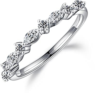 SMILEST 2 MM Moissanite Marquise och runt vigselband för kvinnor, D färg VVS1 klarhet labb skapade diamantringar 18K vit gul rosa guldpläterad S925 sterling silver Moissanite halv evighetsring, #7,