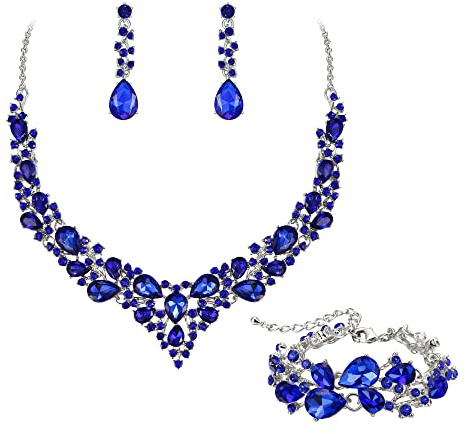 EVER FAITH Juegos de Joyas Mujer Cristal Austriaco de la Lágrima Cluster Declaración Collar Pendientes Enlace Pulsera Conjunto Boda Joyería de Novia Azul-Oscuro Tono Plateado