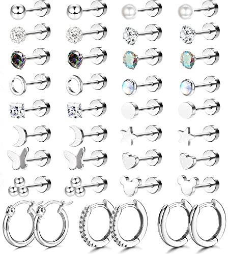 JeweBella 19 par små örhängen damset kirurgiskt stål brosk helix örhängen allergivänliga stjärna måne flatback örhängen zirkonia kreoler örhängen piercing stiftset för kvinnor flickor, 10 mm, Zirkon