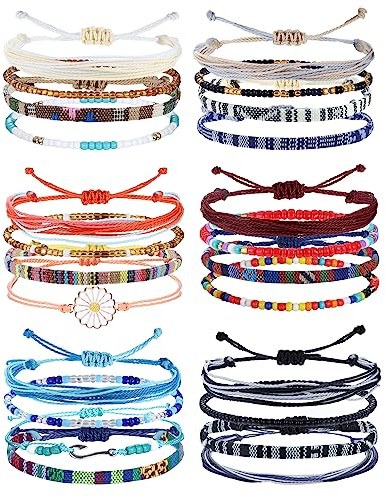 LOLIAS 24 Pieces Ankle Bracelets for Women Surfer Wave Boho Bracelet Adjustable Handmade Friendship Bracelet String Ocean Beach Boho Bracelets Anklets for Women