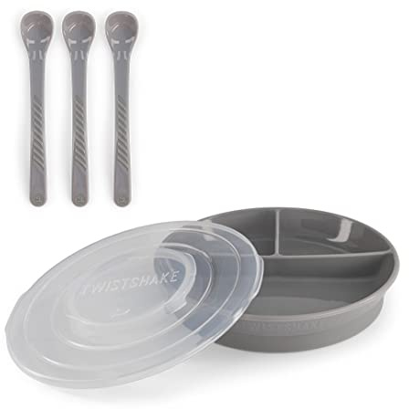 Twistshake Babygeschirr-Set | Geteilter Teller + 3 Löffel Besteck | BPA-frei | Ernährungstrainingsset für Kinder | Baby-Fütterungsset | Grau