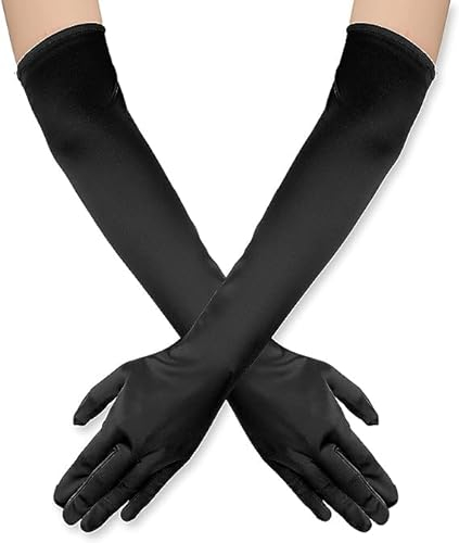 Hatstar Handschuhe Damen lang, Schwarz, elegante Abendhandschuhe aus Satin im 1920er Stil, Kostüm Accessoire für Karneval, Fasching, Halloween, Hochzeit und Oper