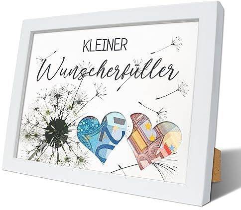 Wunscherfüller Geldgeschenk Bilderrahmen, Pusteblume Geldgeschenke Verpackung, Hochwertigen Weißen Holz-Rahmen Personalisierte Geschenke für Glück verschenken zum Geburtstag, Weihnachten
