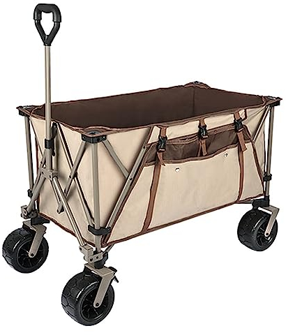 WRJAHCG Khaki Bollerwagen Faltbar,Faltbar Garten Handwagen Kapazität 150L Breite Reifen Transportwagen Mit Seitentasche Getränkehalter Verstellbarem Griff Und Tragkraft 90Kg