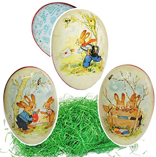 alles-meine.de GmbH Set Ostergras & 3 Füll - Pappeier - 15 cm - süße Osterhasen - Osterei/Ei zum befüllen - Deko Pappe Papp Pappeier Dekoei Pappostereier Füllen - Osterde..