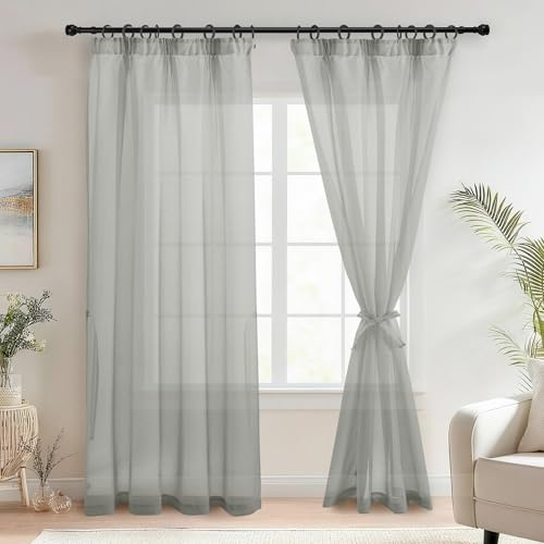 DWCN Gardinen mit Kräuselband Wohnzimmer Transparent Grau H225 x B140cm | 2er Set, Voile Vorhänge mit Raffhalter, Durchsichtig, Leinenoptik，für Schinensystem, für Schlafzimmer Kinderzimmer
