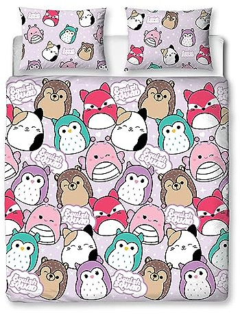 Character World Squishmallows Set copripiumino matrimoniale ufficiale, design luminoso, reversibile, double-face, prodotto ufficiale, con federe coordinate
