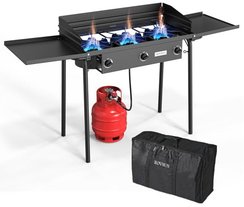 ROVSUN Réchaud à gaz propane à 3 brûleurs avec étagère latérale et sac de transport, brûleur extérieur 225 000 BTU avec panneau de vent et régulateur certifié CSA, cuisinière de pique-nique pour la