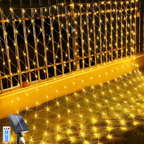Solar Lichterkette, 1.5x1.5m LED Lichternetz Lichterkette , 96 LEDs 8 Modi Weihnachtsbeleuchtung Außen Wasserdicht Lichternetz mit Fernbedienung Timer für Geburstag, Hochzeit (1.5*1.5M, Warmes Weiß)