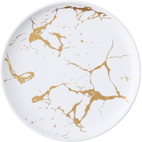 FülleMore Keramik Essteller Gold Marmor Speiseteller Frühstücksteller Rund Snackteller Steakteller Pizzateller Pastateller Servierteller für Salat Pasta Kuchen Dessert (Weiß, 20cm)