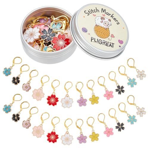 PLIGREAT 24 Pcs Colorful Enamel Cherry Flower Charms Crochet Stitch Marker Knitting Row Counter Locking Marks Needle Clip Knitting Tool Kit with Storage Tin Box for DIY Gift Jewelry Crafts Accessories