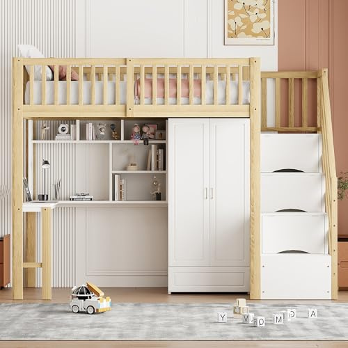 Moimhear Hochbett 90 x 200 mit großem Kleiderschrank Regal und Tisch, Stauraum Treppe Mehrzweckbetteinheit Holzbettgestell (Weiß + natürliche Farbe)