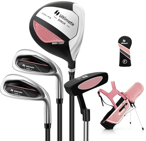 GYMAX Set di Mazze da Golf per Bambini 5-7 Anni, Set Completo con Mazze da Golf da 205CC #3 Fairway Wood, #7#S Irons & Putter, Grande Borsa da Golf Autoportante(Rosa)