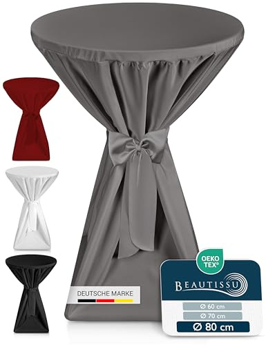 Beautissu Premium Stehtischhusse Blickdicht rutschfest bügelfrei waschbar | Ø80-85cm Anthrazit 40°C Stehtischüberzug Husse für Stehtisch Bistrotisch Bartisch Gastronomie Schleifenband Giulia Premium