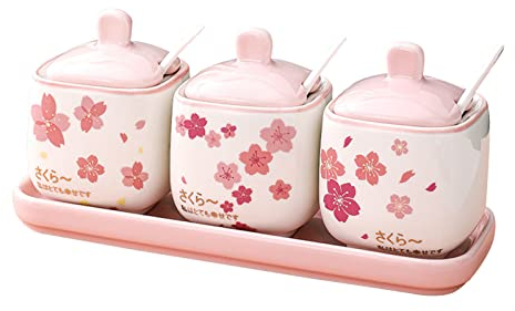 ZoRHac Azucarero de Estilo Europeo con Cuchara de cerámica, azucarero con patrón de Flores Rosas y Hojas Verdes,(Color:Pink Sakura,Size:3 Set)