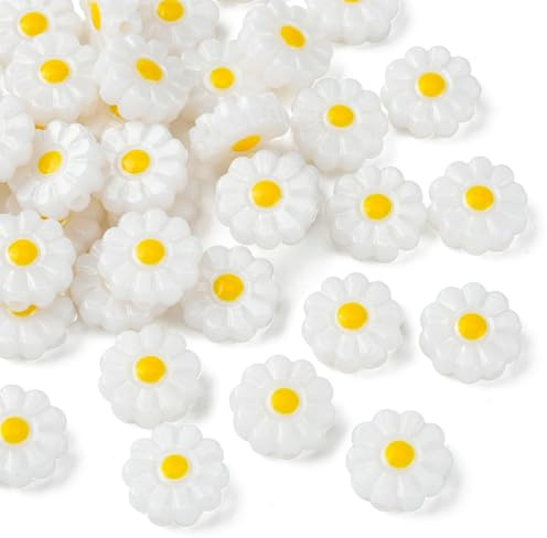 UR URLIFEHALL 40 Stück Gänseblümchen-Harz-Perlen, blickdicht, weiße Blumenperlen, Kunststoff-Perlen in Blumenform, zum Basteln, für Schmuck, Schlüsselanhänger, Handyanhänger