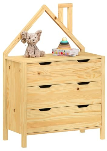 IDIMEX Commode Enfant ELANO en Bois Massif Coloris Naturel avec 3 Tiroirs de Rangement, 84 x 120 x 41 cm, Meuble Chambre en Forme de Maison, Style Montessori, pour Fille ou garçon