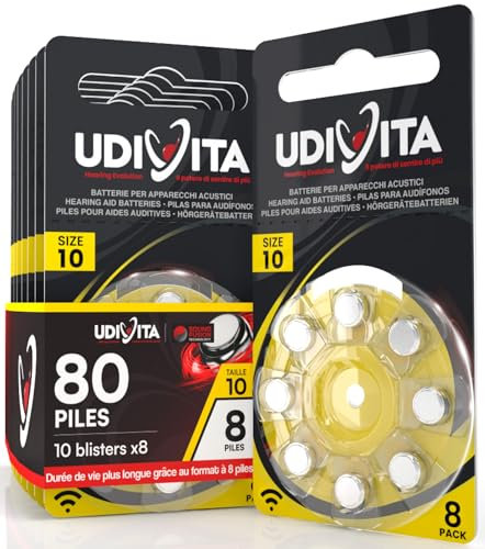 80 Batterie Per Apparecchi Acustici Auricolari Udivita Misura 10 PR70 (Gialle) - 10 Blister da 8 Pile