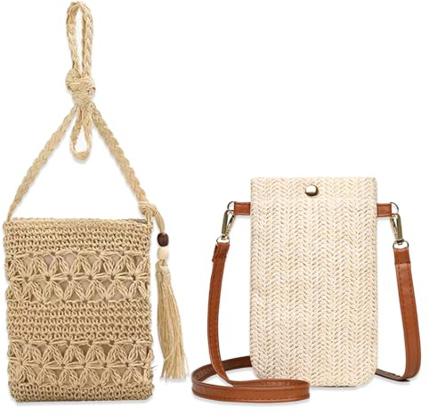 JSTHHTT 2-en-1 Sac Paille avec Pochette Téléphone Portable, Bandoulière Tissée pour Femme - Idéal pour Plage, Voyage et Vacances