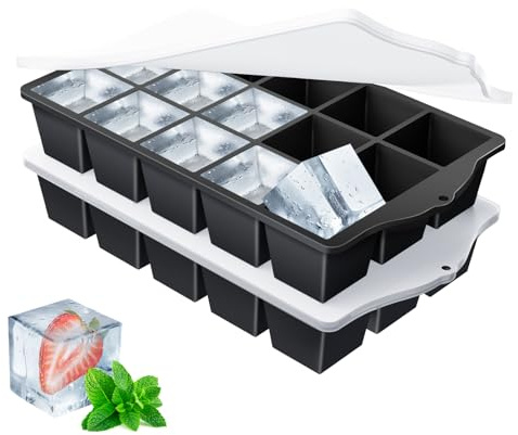 YUNISS Is-silikonform med lock, 2 stycken BPA-fria isbitbrickor, stora stapelbara isformar för cocktails, whisky, vin, fruktpuré, glass - svart