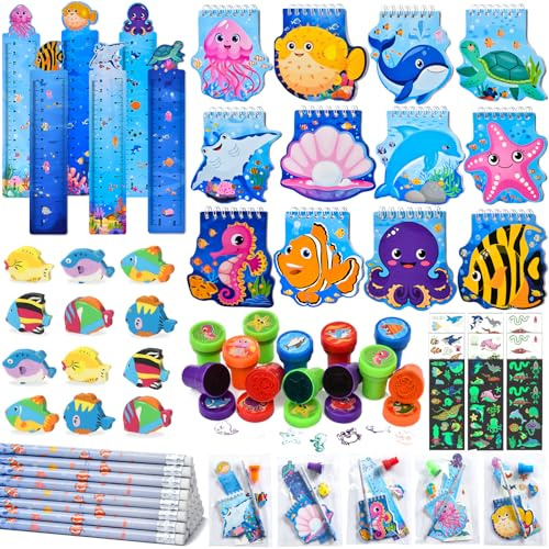 Cleboen 84STK Unterwasserwelt Mitgebsel Kindergeburtstag Gastgeschenke Notizbuch Lineal Bleistift Eraser Cellophantüten Schulanfang Einschulung Schreibwaren Set Meerestiere Give Aways für Kinder