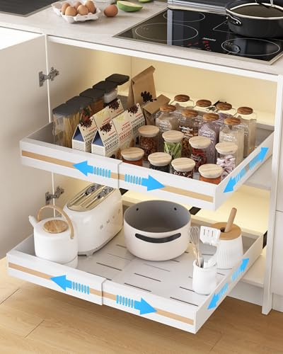 UMDONX 2 Pack Expandable Pull out Cabinet Organiser Cupboard Storage | Kitchen Drawers, No Drill Adhesive Peel and Stick, Durable Metal Load 65LBS, White Sliding Shelf