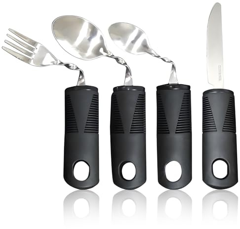 Xiciki 4PCS Bendable Cutlery for Disabled Hands, Disability Aids Weighted Bendable Cutlery, Anti-Shake Easy Grip Adaptive Cutlery with Knife Fork Spoon for Parkinson Elderly Disabled Arthritis