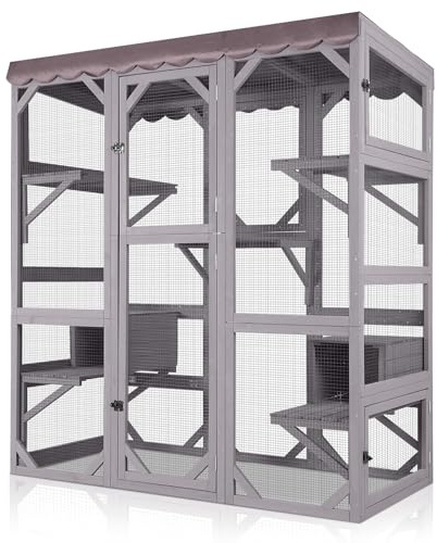 Seiyierr Catio großes Katzenhaus im Freien zu Fuß im Freien Katzengehege Innenkäfig Kätzchenwohnung mit Türplattform und kleinem Haus Spiel Zaun 67.9 Zoll