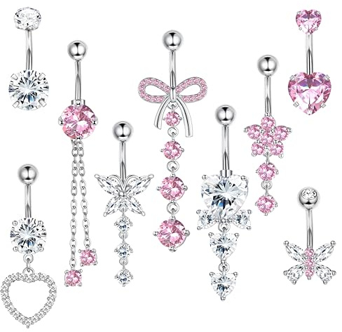 LOLIAS 9 Piezas 14G Piercings Ombligo Plate para Mujeres Piercing Ombligo quirurgico Mariposa Corazón Flor Colgante Barras CZ Piercing Ombligo Tous 10mm
