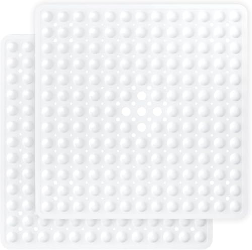 MOONLIGHT20015 Square Shower Mat Non Slip Anti Mould 2 Pack - 53x53cm Shower Mats for Inside Shower with Strong Suction Cups Grip and Drain Holes - Soft Touch Machine Washable (White)