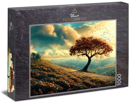 Ulmer Puzzleschmiede - Puzzle de 1000 piezas Herbstland - Árbol solitario en el paisaje otoñal con colinas en luz especial - Puzle de calidad fabricado en Alemania