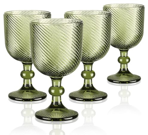 Joeyan 350ml Vintage Weingläser Grün, Gerippte Relief Kelche mit Stiel, Weinkelche Landhausstil für Saft Getränke,Bunt Rotweingläser Weißweingläser Trinkgläser mit Fuß,Set von 4,Spülmaschinenfest